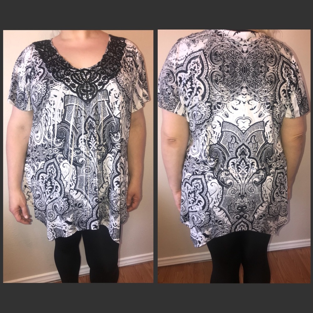 ONE WORLD BLACK & WHITE PRINT SILKY SHIRT SZ 2X